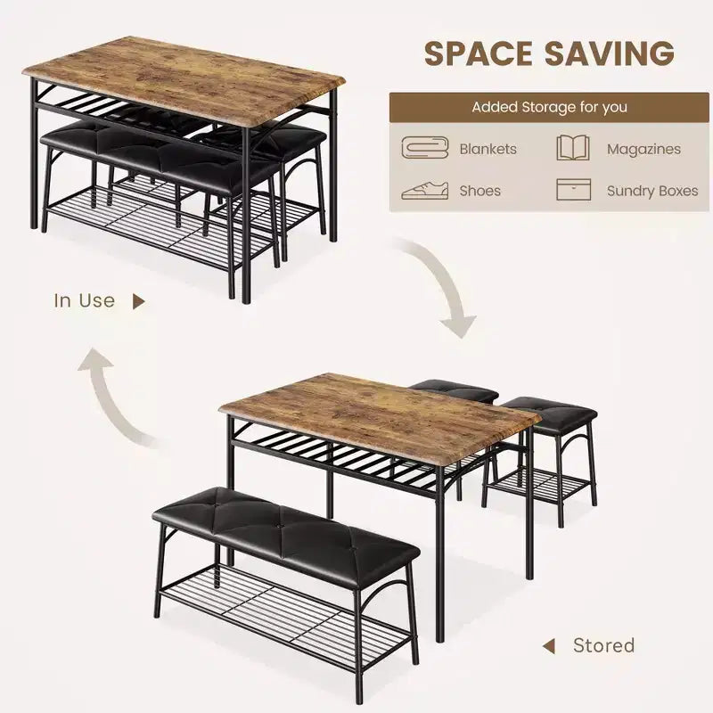 Set da 4 Pezzi con Tavolo Rettangolare da Cucina, 1 Panca Imbottita e 2 Sgabelli Quadrati