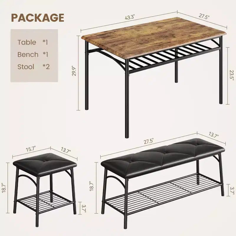 Set da 4 Pezzi con Tavolo Rettangolare da Cucina, 1 Panca Imbottita e 2 Sgabelli Quadrati