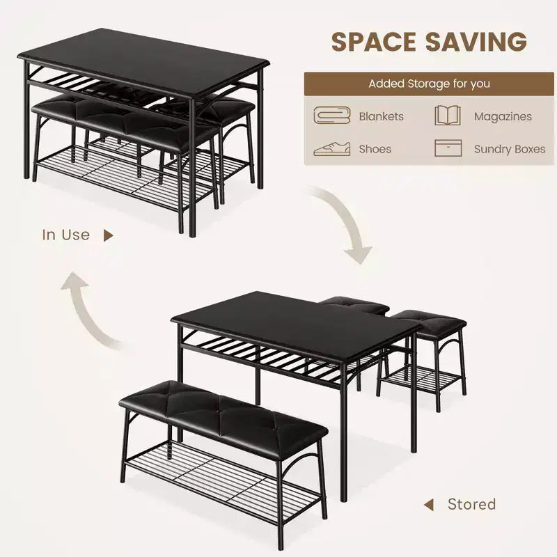 Set da 4 Pezzi con Tavolo Rettangolare da Cucina, 1 Panca Imbottita e 2 Sgabelli Quadrati