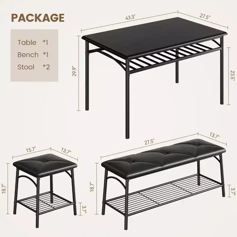 Set da 4 Pezzi con Tavolo Rettangolare da Cucina, 1 Panca Imbottita e 2 Sgabelli Quadrati