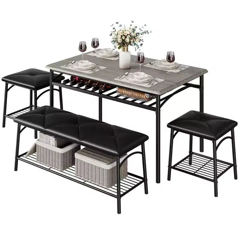 Set da tavolo da cucina rettangolare da 4 pezzi, con 1 panca imbottita e 2 sgabelli quadrati