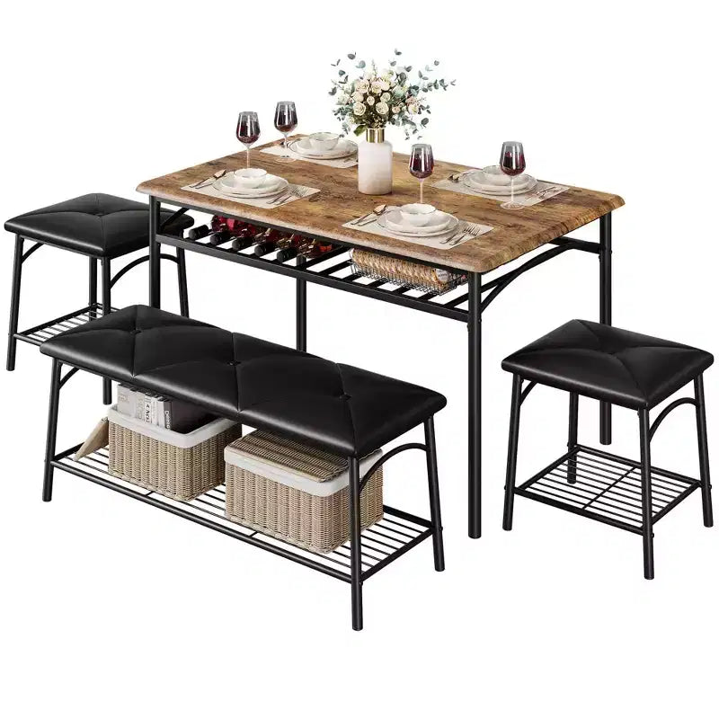 Set da tavolo da cucina rettangolare da 4 pezzi, con 1 panca imbottita e 2 sgabelli quadrati