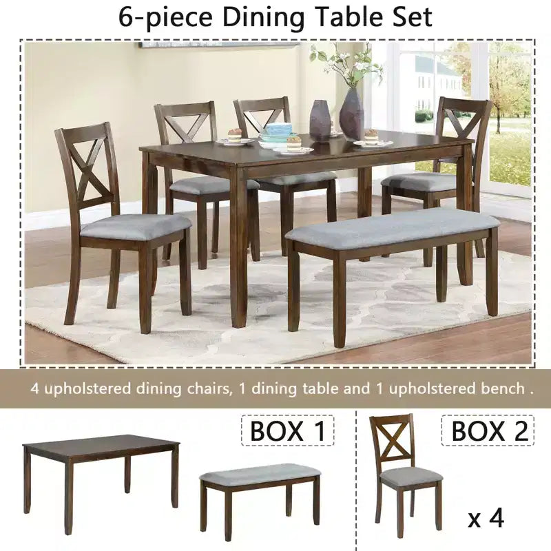 Set da pranzo MAYEERTY 7 pezzi - Tavolo rettangolare in legno e 6 sedie imbottite per riunioni di famiglia