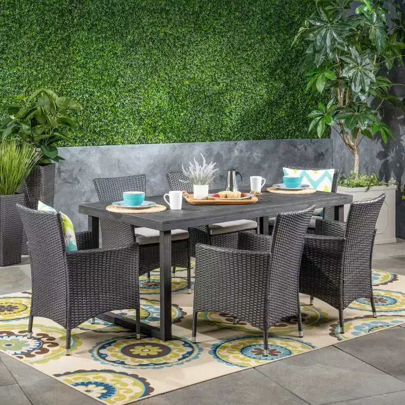 Christopher Knight Home Moralis Outdoor Acacia Wood and Wicker 7 Piece Dining Set with Cushion