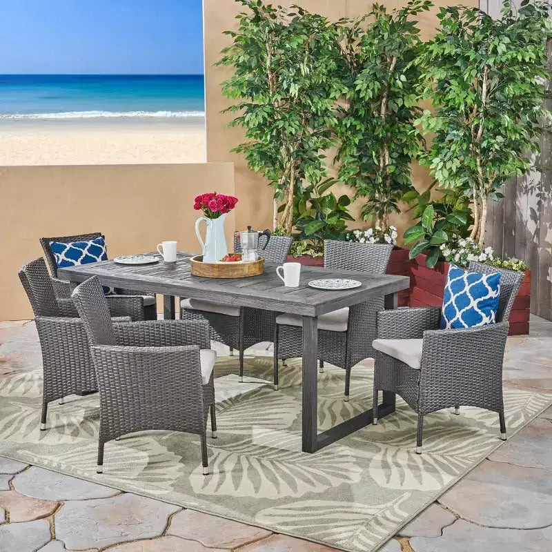 Christopher Knight Home Moralis Set da Pranzo da Esterno a 7 Pezzi in Legno di Acacia e Vimini con Cuscino