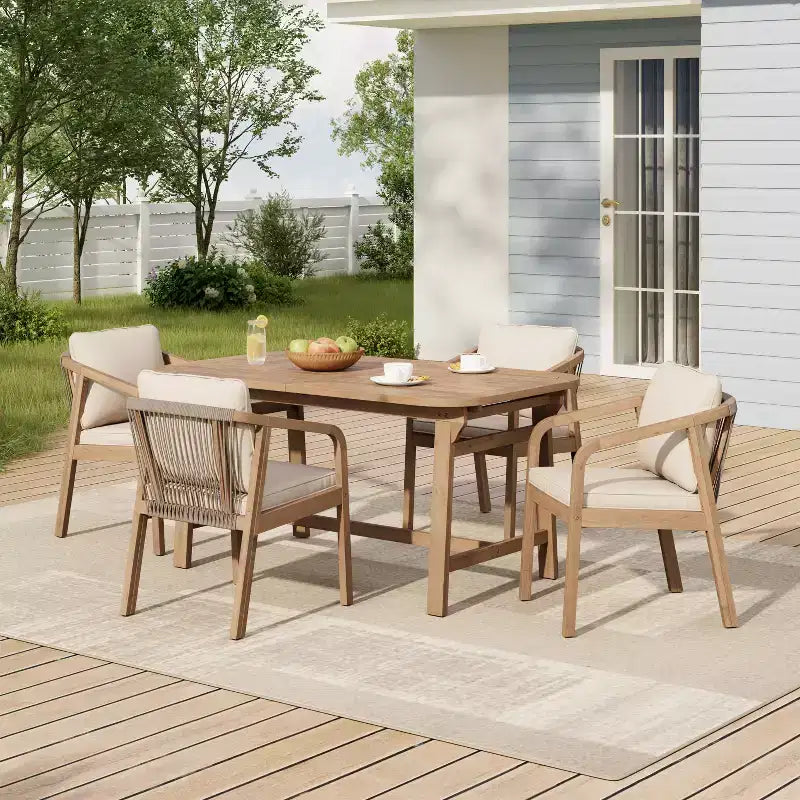 Christopher Knight Home Olcott 5 Piece Outdoor Acacia Wood Dining Set with Expandable Table and Woven Rope Armchairs