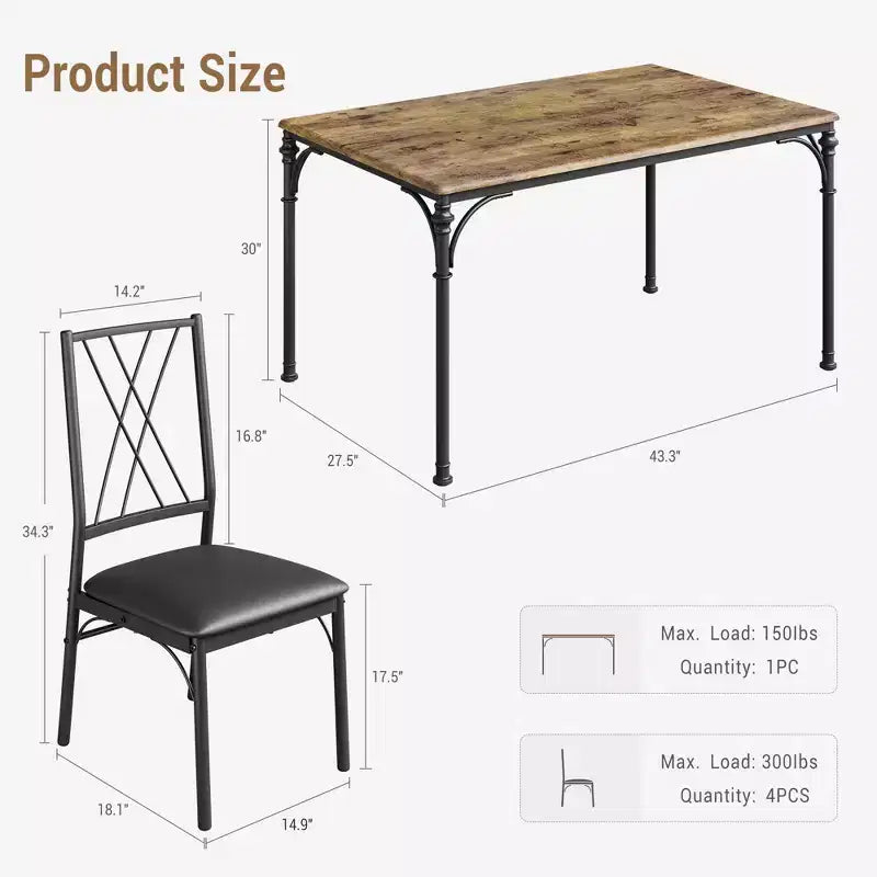 Set da Pranzo 5 Pezzi CuisinSmart, Tavolo e Sedie da Cucina, Set di Mobili da Pranzo Rettangolare per Interni in Metallo e Legno