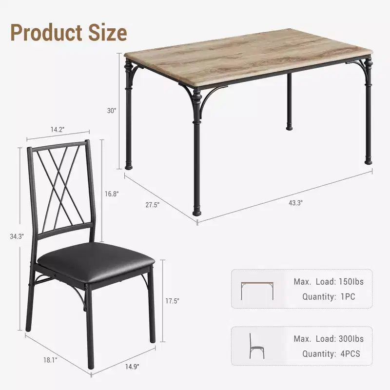 Set da Pranzo 5 Pezzi CuisinSmart, Tavolo e Sedie da Cucina, Set di Mobili da Pranzo Rettangolare per Interni in Metallo e Legno