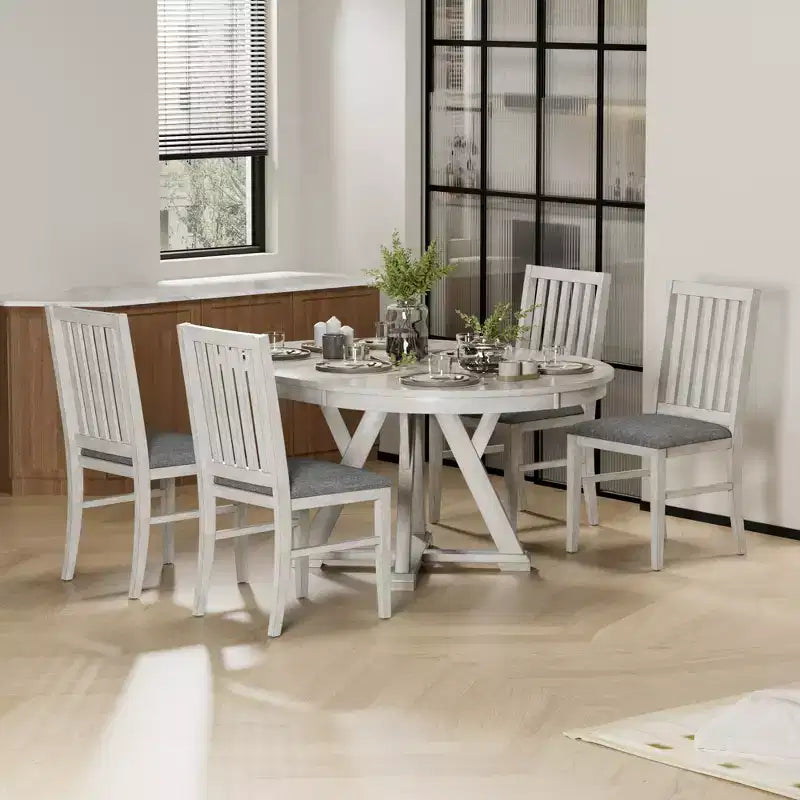 Set da pranzo rotondo allungabile VECELO, tavolo in legno di caucciù con 4/6 sedie da pranzo imbottite senza braccioli per cucina, grigio
