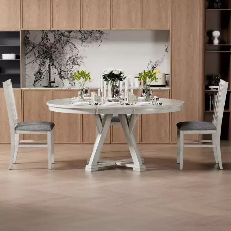 Set da pranzo rotondo allungabile VECELO, tavolo in legno di caucciù con 4/6 sedie da pranzo imbottite senza braccioli per cucina, grigio