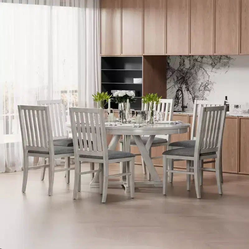 Set da pranzo rotondo allungabile VECELO, tavolo in legno di caucciù con 4/6 sedie da pranzo imbottite senza braccioli per cucina, grigio