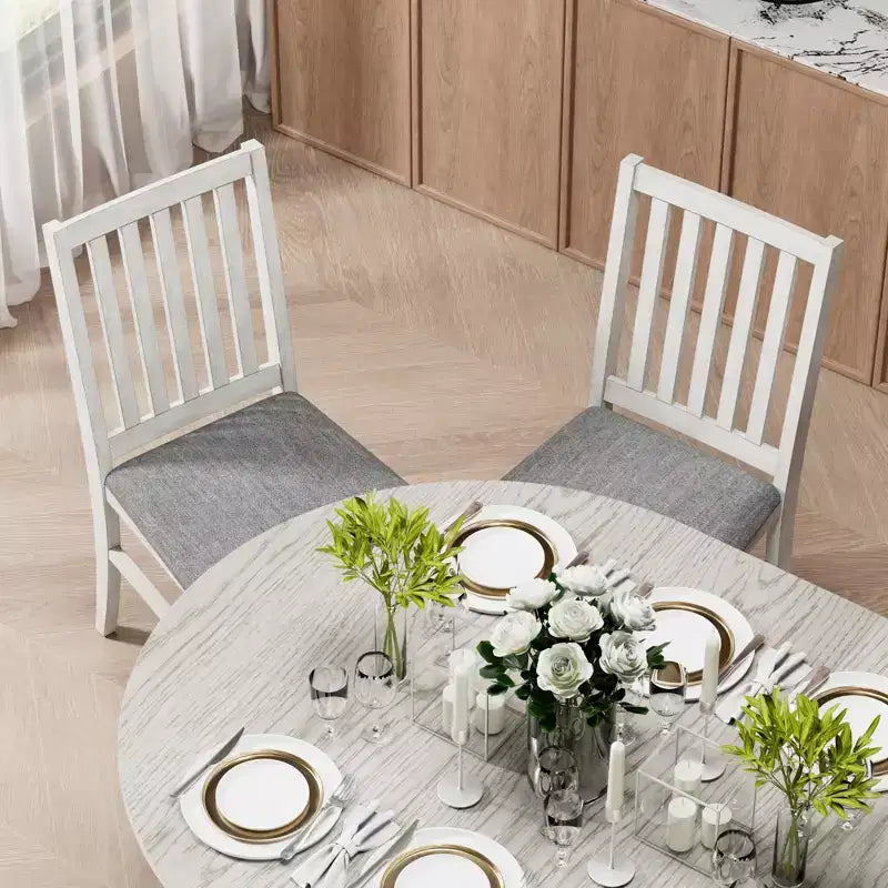 Set da pranzo rotondo allungabile VECELO, tavolo in legno di caucciù con 4/6 sedie da pranzo imbottite senza braccioli per cucina, grigio