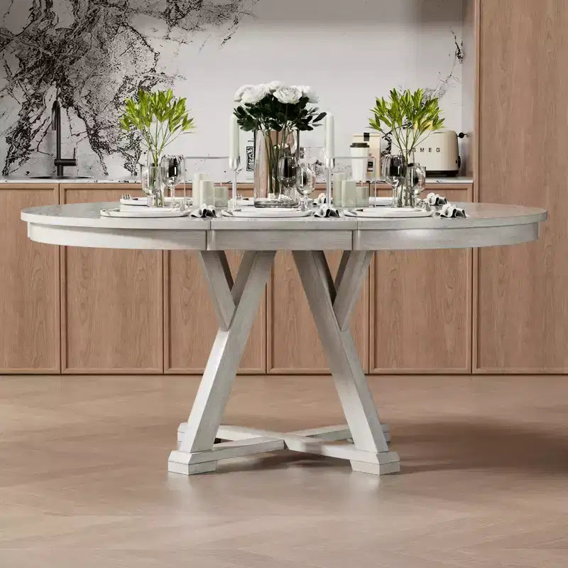 Set da pranzo rotondo allungabile VECELO, tavolo in legno di caucciù con 4/6 sedie da pranzo imbottite senza braccioli per cucina, grigio