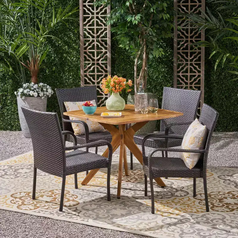 GDFStudio Tunica Outdoor Acacia Wood and Wicker 5 Piece Dining Set