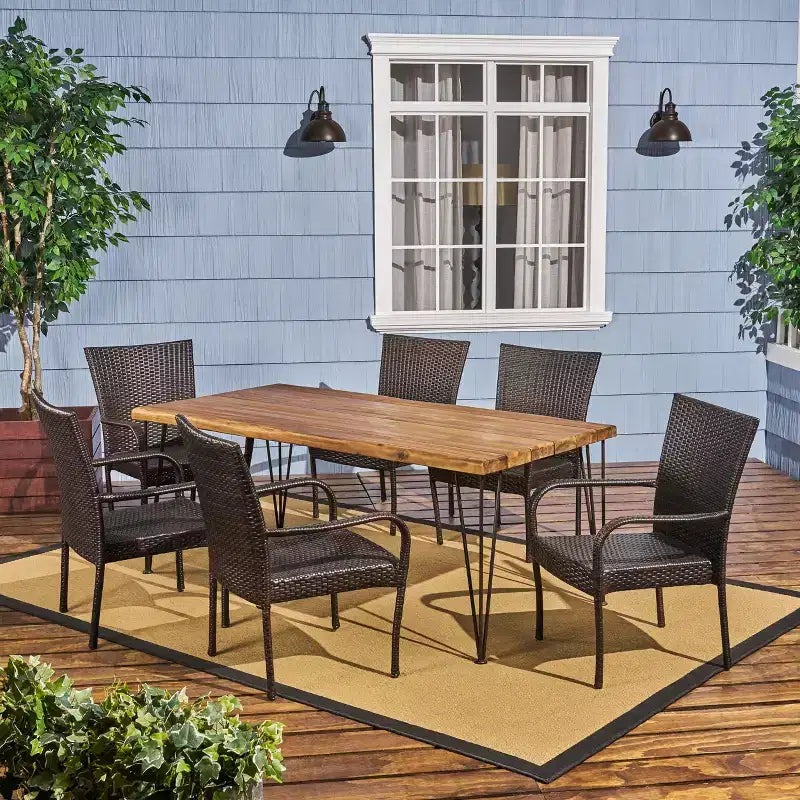 Set da pranzo GDFStudio Dalupiri da 7 pezzi per esterni in vimini e legno di acacia