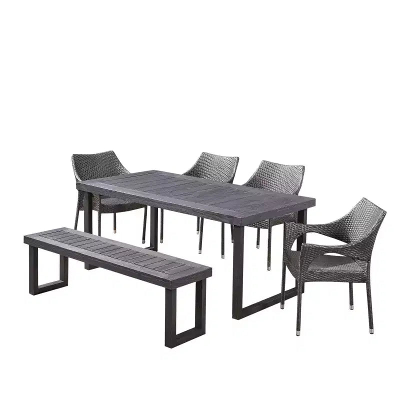 Set da pranzo Christopher Knight Home Nelly da 6 pezzi per esterni in legno di acacia con sedie impilabili in vimini e panca