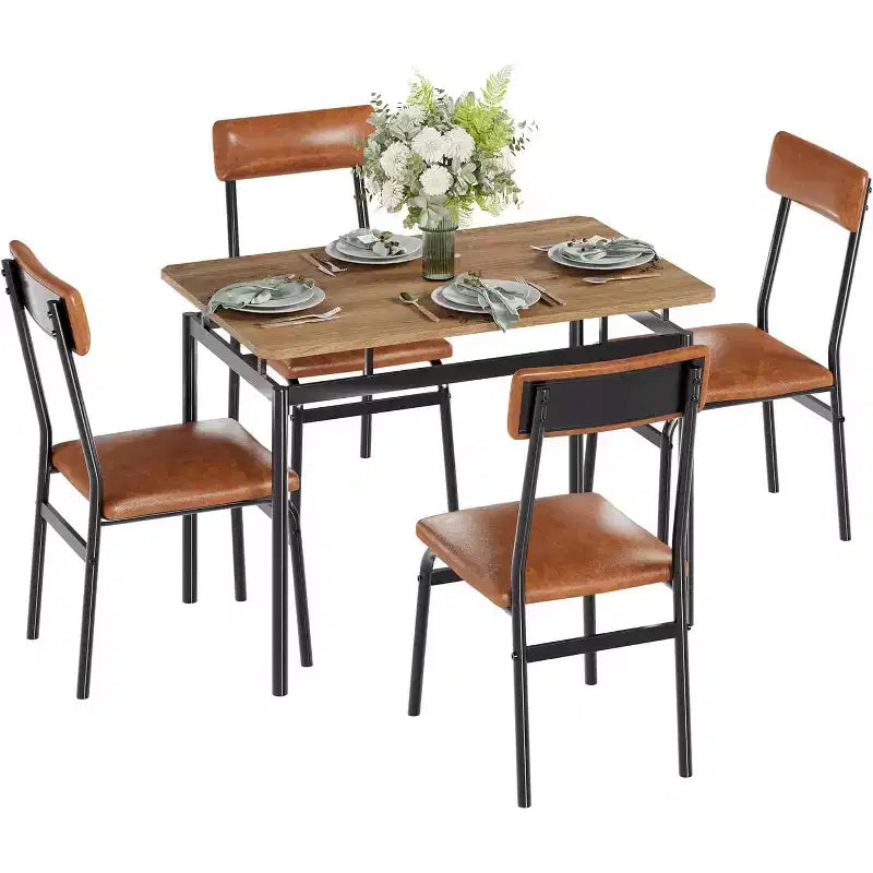 Set da pranzo da 5 pezzi con tavolo in legno e 4 sedie imbottite in PU, struttura in metallo industriale, set compatto per cucina e sala da pranzo