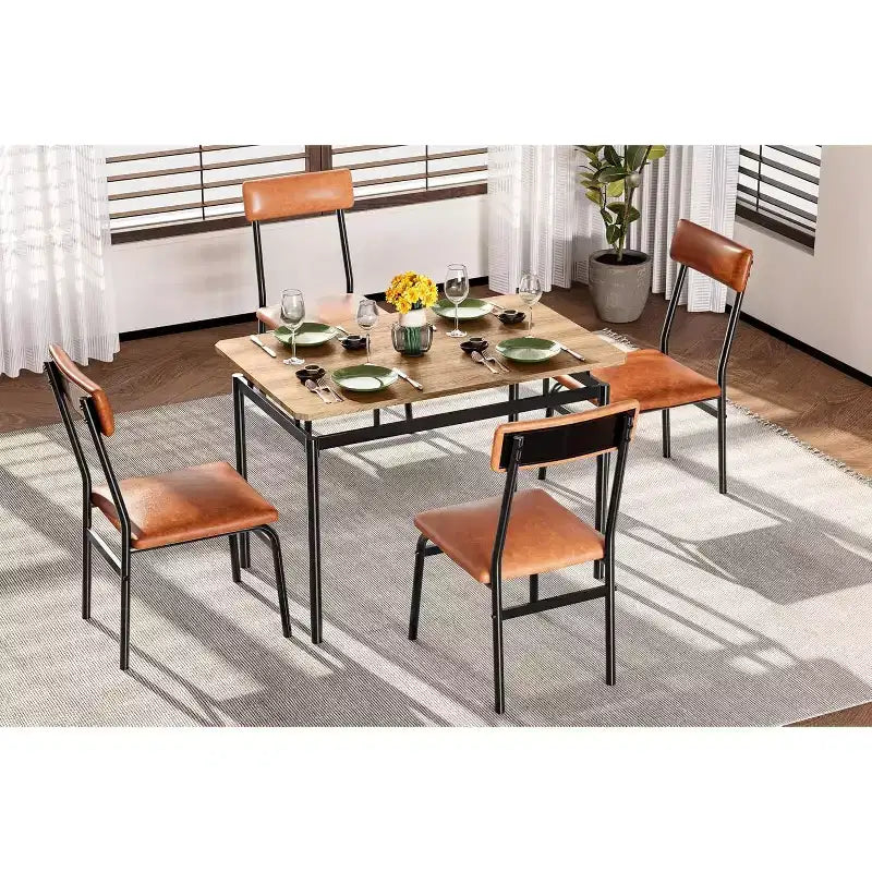 Set da pranzo da 5 pezzi con tavolo in legno e 4 sedie imbottite in PU, struttura in metallo industriale, set compatto per cucina e sala da pranzo