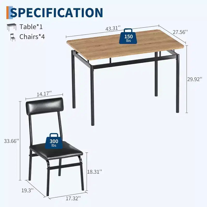 Set da pranzo da 5 pezzi con tavolo in legno e 4 sedie imbottite in PU, struttura in metallo industriale, set compatto per cucina e sala da pranzo