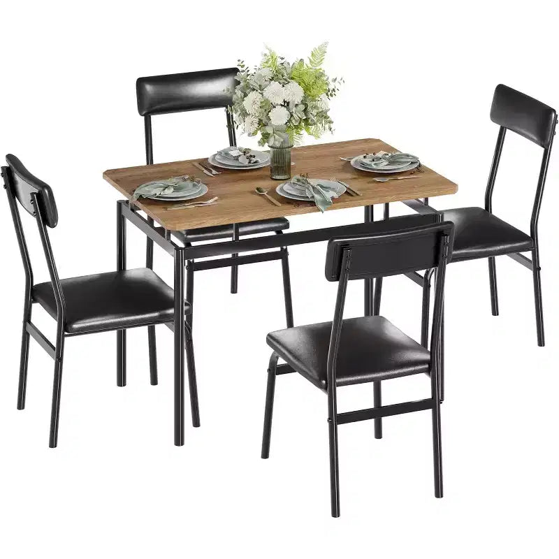 Set da pranzo da 5 pezzi con tavolo in legno e 4 sedie imbottite in PU, struttura in metallo industriale, set compatto per cucina e sala da pranzo