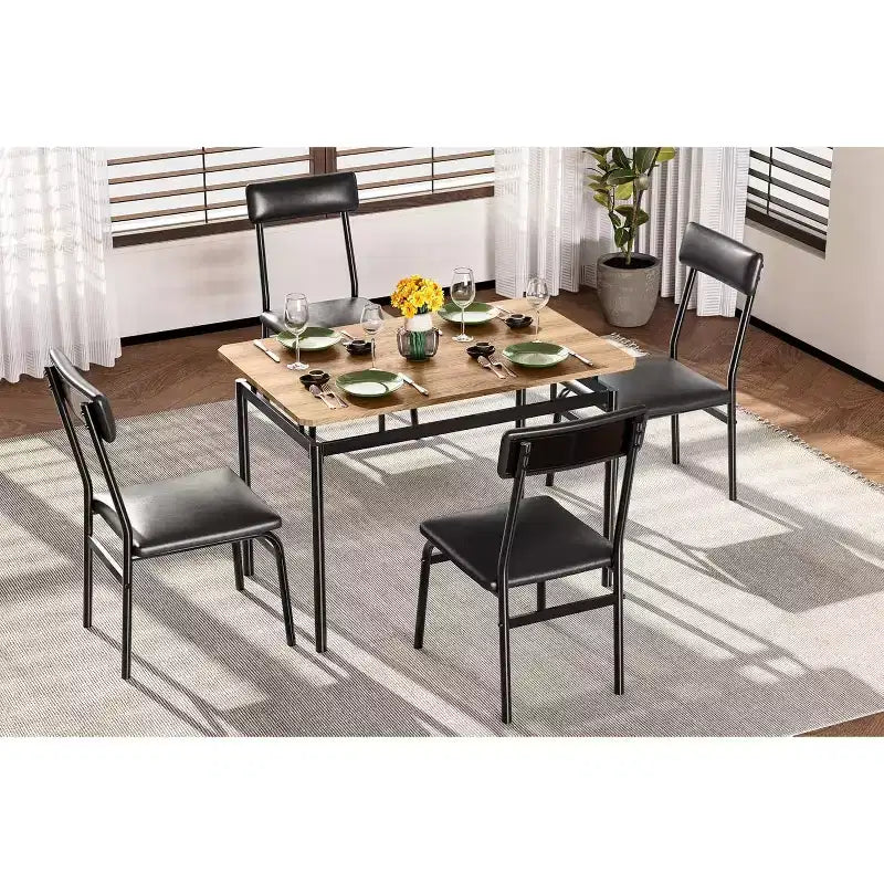 Set da pranzo da 5 pezzi con tavolo in legno e 4 sedie imbottite in PU, struttura in metallo industriale, set compatto per cucina e sala da pranzo