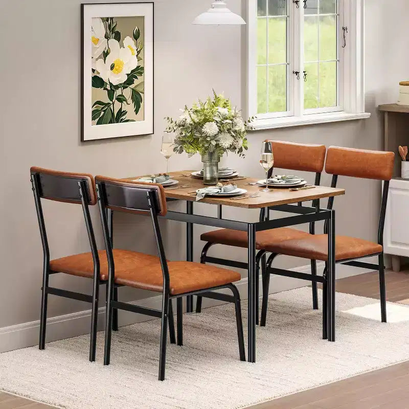 Set da pranzo in 5 pezzi con tavolo in legno e 4 sedie imbottite in PU, struttura in metallo industriale, set compatto per cucina e sala da pranzo
