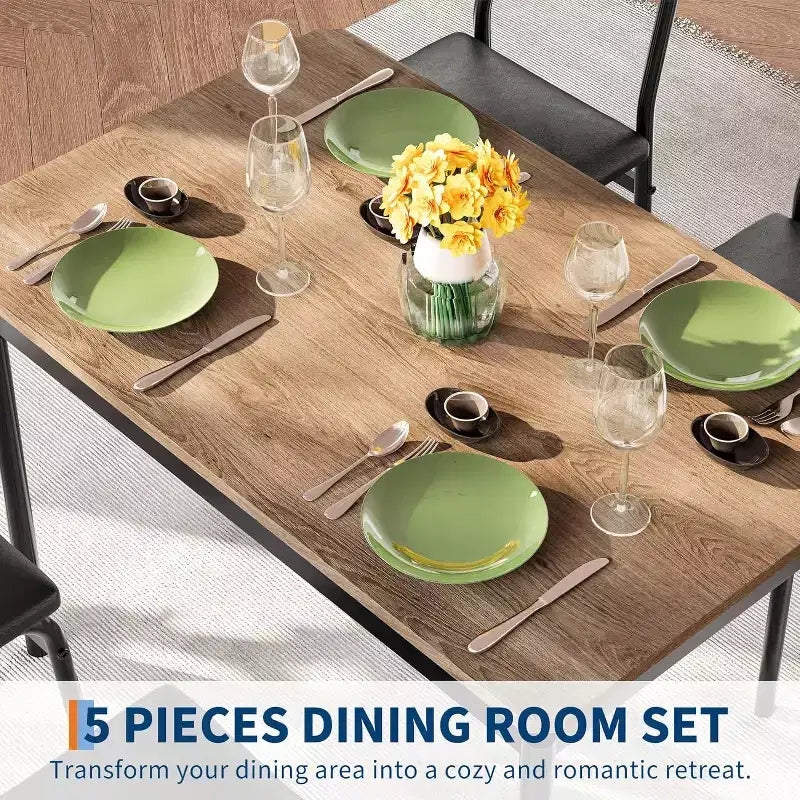 Set da pranzo da 5 pezzi con tavolo in legno e 4 sedie imbottite in PU, struttura in metallo industriale, set compatto per cucina e sala da pranzo