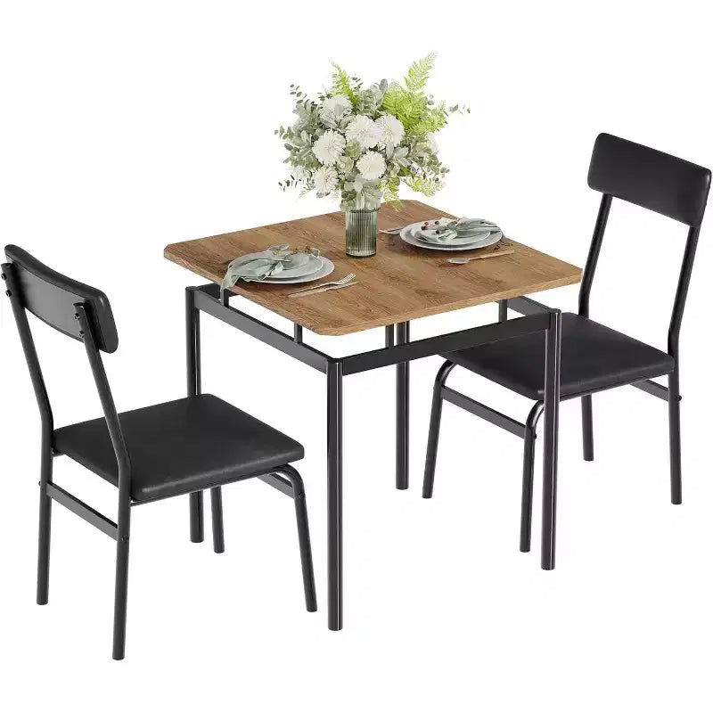 Set da pranzo 3 pezzi con tavolo e 2 sedie imbottite, struttura in legno, design salvaspazio, superficie facile da pulire, nero