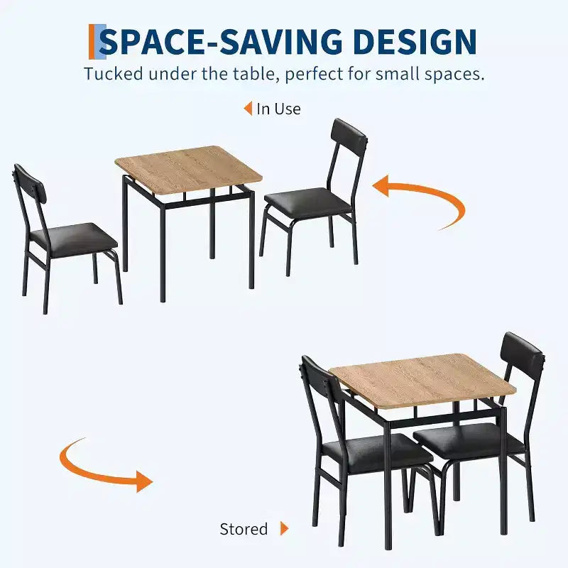 Set da pranzo 3 pezzi con tavolo e 2 sedie imbottite, struttura in legno, design salvaspazio, superficie facile da pulire, nero