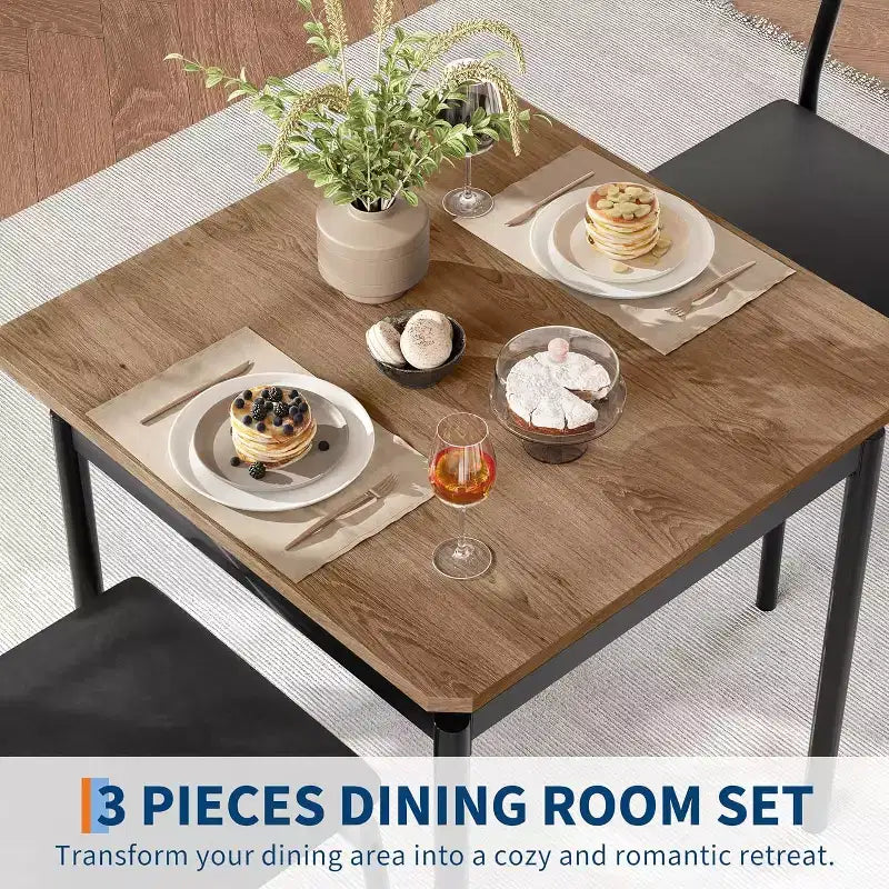 Set da pranzo 3 pezzi con tavolo e 2 sedie imbottite, struttura in legno, design salvaspazio, superficie facile da pulire, nero