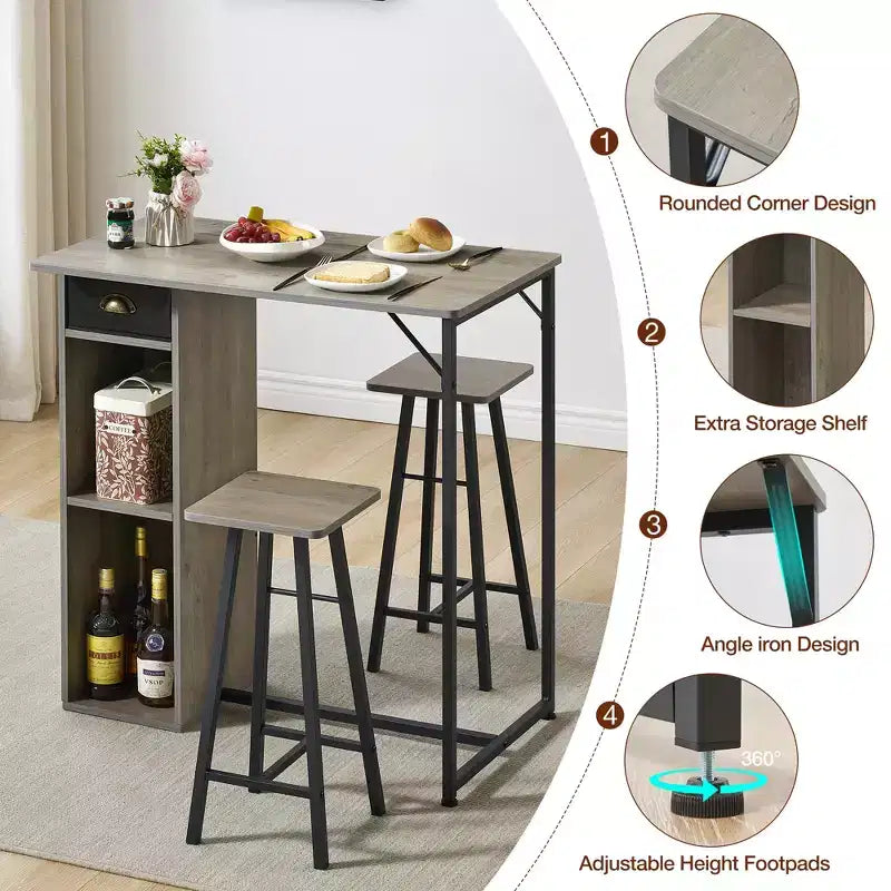 Set da tavolo da bar Fulvari da 3 pezzi per 2 persone, piccolo tavolo da pranzo da cucina con 2 sgabelli, set da tavolo e sedie da bar altezza bancone con cassetto portaoggetti