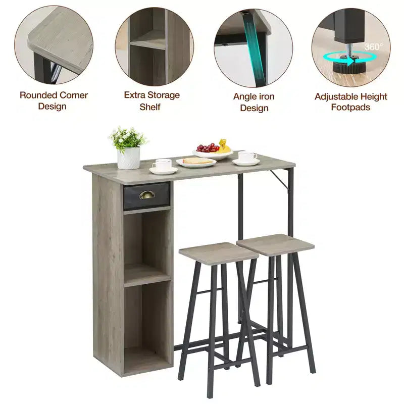 Set da tavolo da bar Fulvari da 3 pezzi per 2 persone, piccolo tavolo da pranzo da cucina con 2 sgabelli, set da tavolo e sedie da bar altezza bancone con cassetto portaoggetti