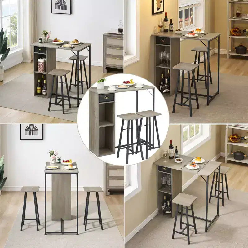 Set da tavolo da bar Fulvari da 3 pezzi per 2 persone, piccolo tavolo da pranzo da cucina con 2 sgabelli, set da tavolo e sedie da bar altezza bancone con cassetto portaoggetti