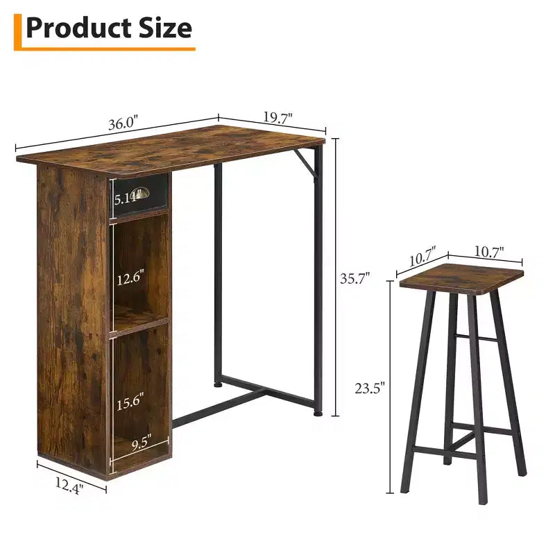 Set da tavolo da bar Fulvari da 3 pezzi per 2 persone, piccolo tavolo da pranzo da cucina con 2 sgabelli, set da tavolo e sedie da bar altezza bancone con cassetto portaoggetti