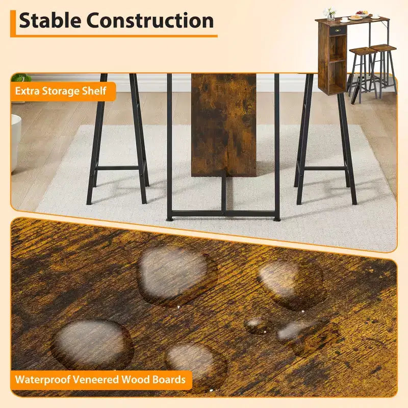 Set da tavolo da bar Fulvari da 3 pezzi per 2 persone, piccolo tavolo da pranzo da cucina con 2 sgabelli, set da tavolo e sedie da bar altezza bancone con cassetto portaoggetti