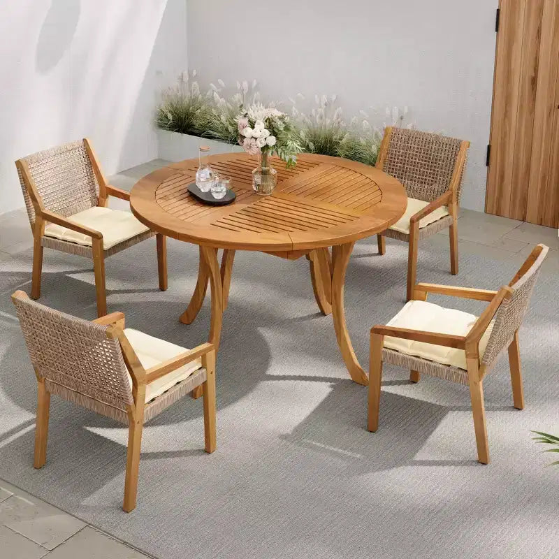 NAYSAYE Set da Pranzo per Esterni Tavolo in Legno di Acacia con Sedie in Vimini e Cuscini per Giardino e Patio, Teak, 23.5*21.25*32