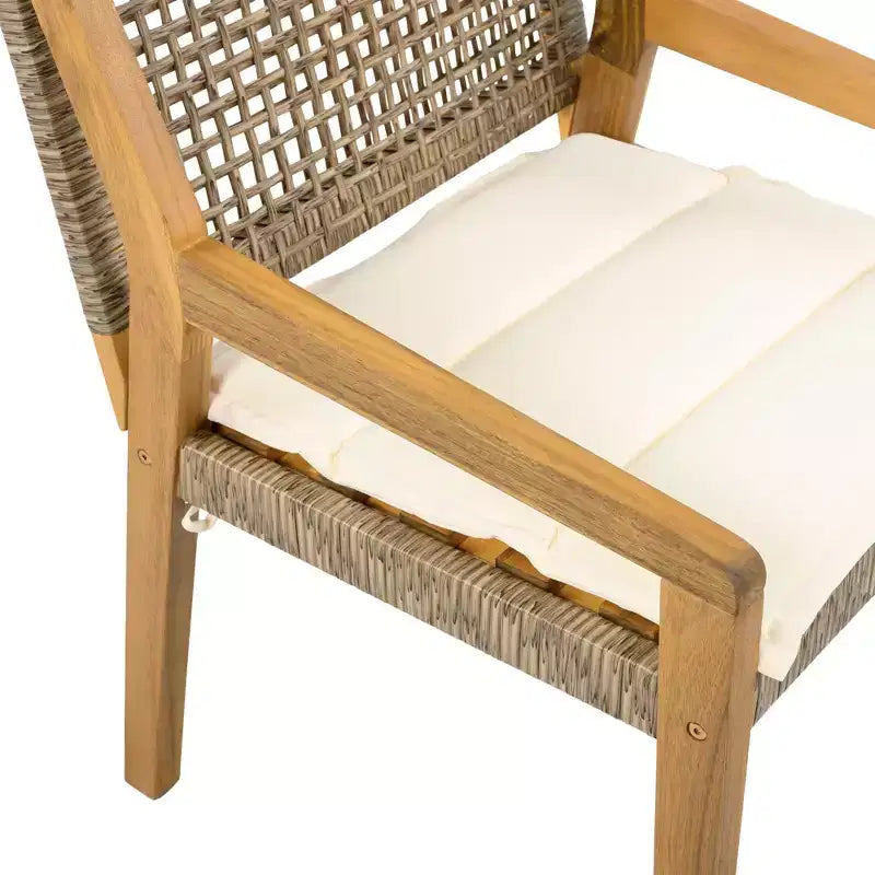 NAYSAYE Set da Pranzo per Patio, Sedie da Pranzo da Esterno in Rattan e Legno di Acacia con Cuscini, per Giardino, Marrone e Crema, 23.5*21.25*32