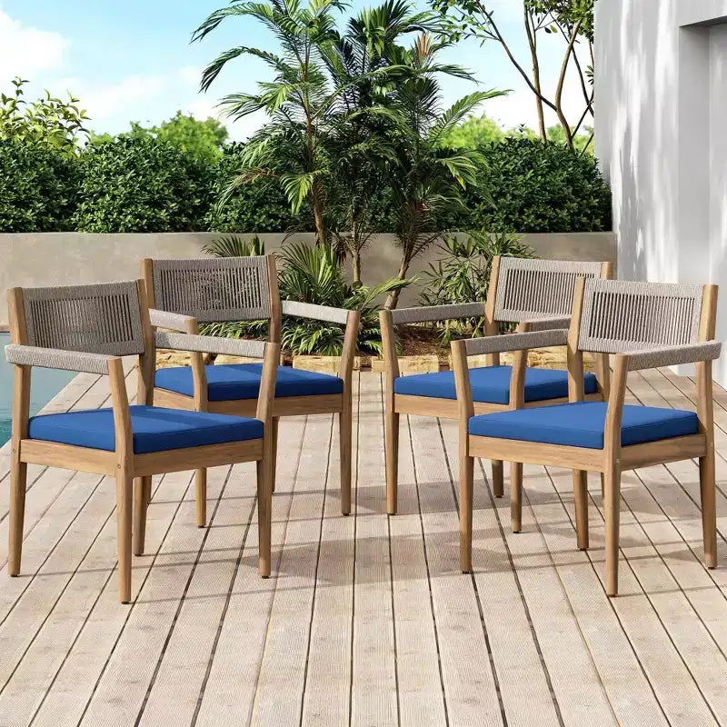 NAYSAYE Set da pranzo da patio Sedie da pranzo in legno di acacia intrecciato con cuscini e braccioli per giardino a bordo piscina, blu navy e beige, 23,25*21,5*32,25