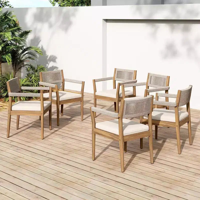 NAYSAYE Set da pranzo da patio Sedie da pranzo in legno di acacia intrecciato con cuscini e braccioli per giardino a bordo piscina, crema e beige, 23.25*21.5*32.25