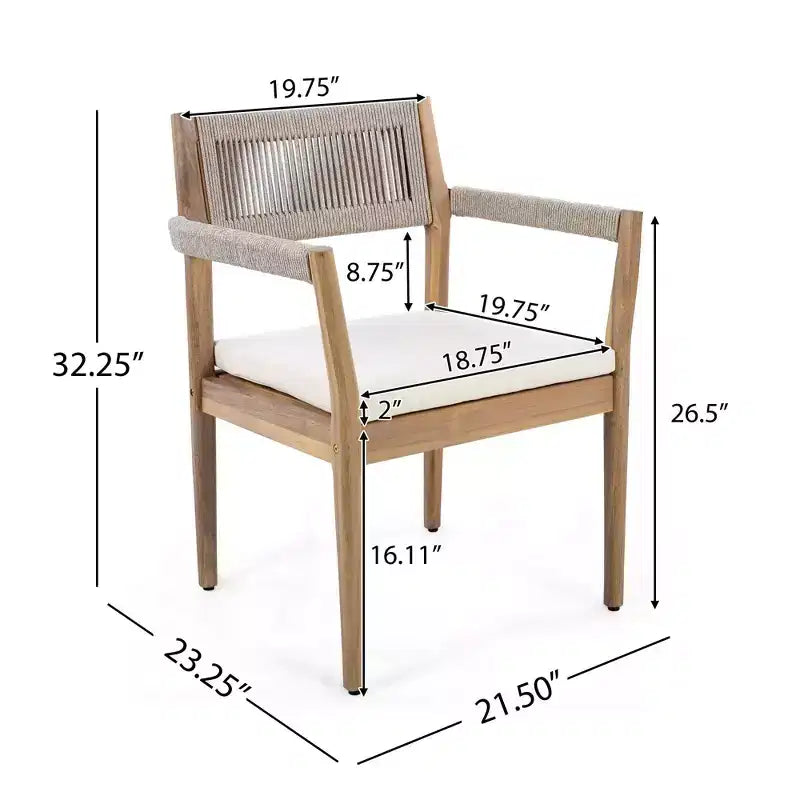 NAYSAYE Set da pranzo da patio Sedie da pranzo in legno di acacia intrecciato con cuscini e braccioli per giardino a bordo piscina, crema e beige, 23.25*21.5*32.25