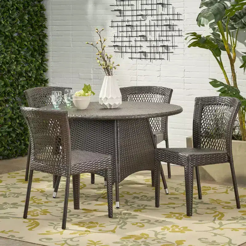 GDFStudio Holmes 5 Piece Outdoor Wicker Dining Set with Round Table and Umbrella Hole