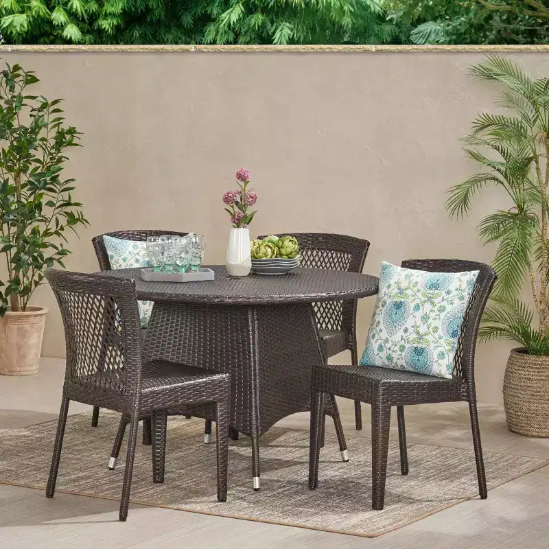 GDFStudio Holmes Set da Pranzo da Esterno in Vimini a 5 Pezzi con Tavolo Rotondo e Foro per Ombrellone