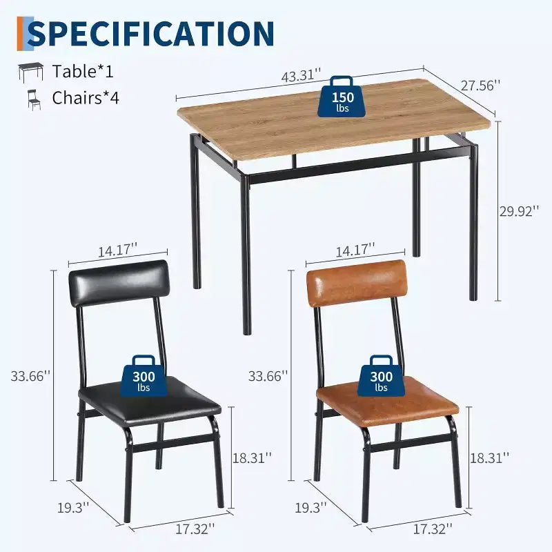 Set da Tavolo da Pranzo in Legno a 5 Pezzi, 4 Sedie Imbottite in PU, Set Dinette con Struttura in Metallo Industriale per Sala da Pranzo, Cena a Casa, Marrone