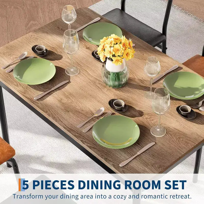 Set da Tavolo da Pranzo in Legno a 5 Pezzi, 4 Sedie Imbottite in PU, Set Dinette con Struttura in Metallo Industriale per Sala da Pranzo, Cena a Casa, Marrone