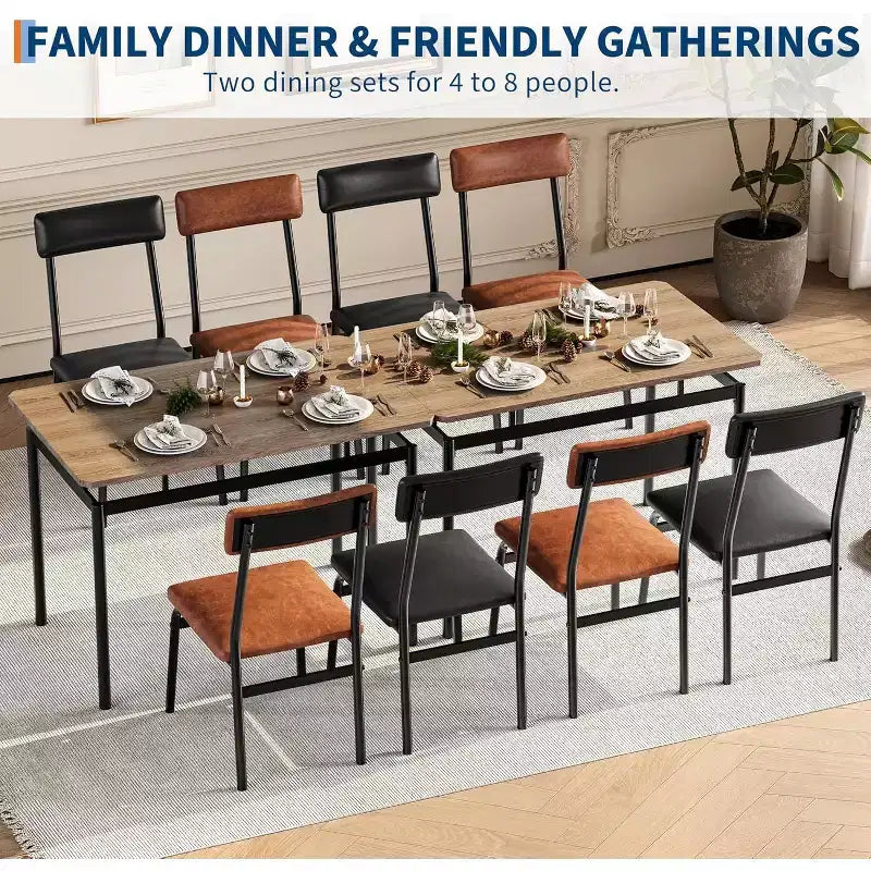 Set da Tavolo da Pranzo in Legno a 5 Pezzi, 4 Sedie Imbottite in PU, Set Dinette con Struttura in Metallo Industriale per Sala da Pranzo, Cena a Casa, Marrone