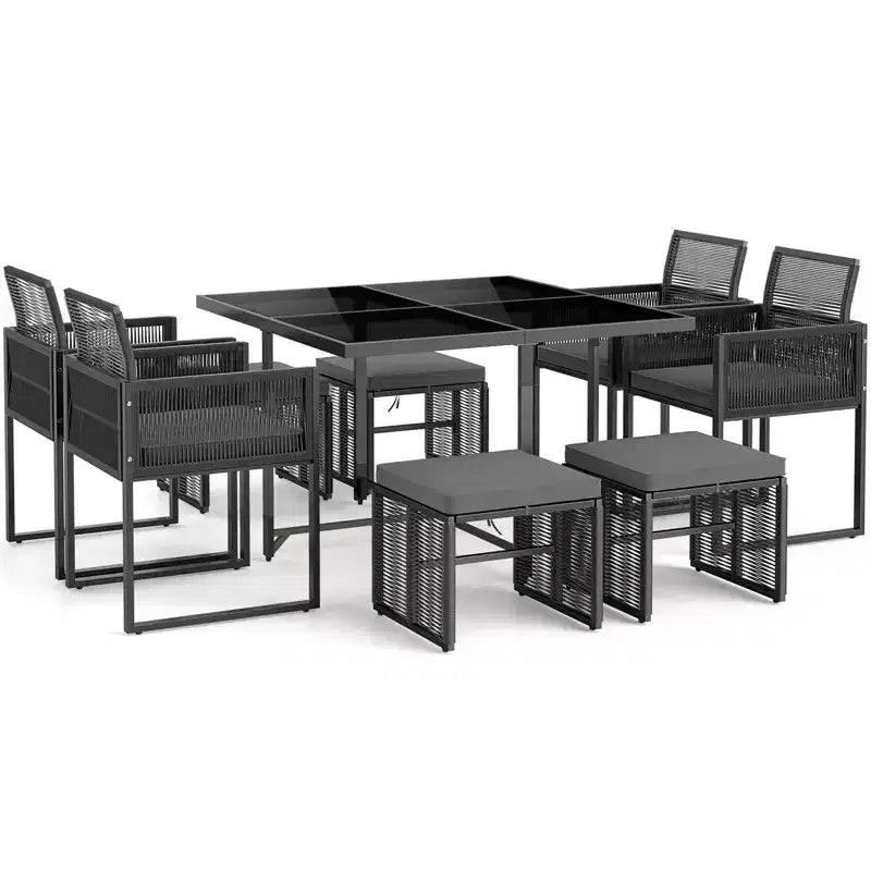 Costway Set da Pranzo da Giardino 9 Pezzi con Sedie in Rattan PE, Tavolo in Vetro Temperato e Pouf