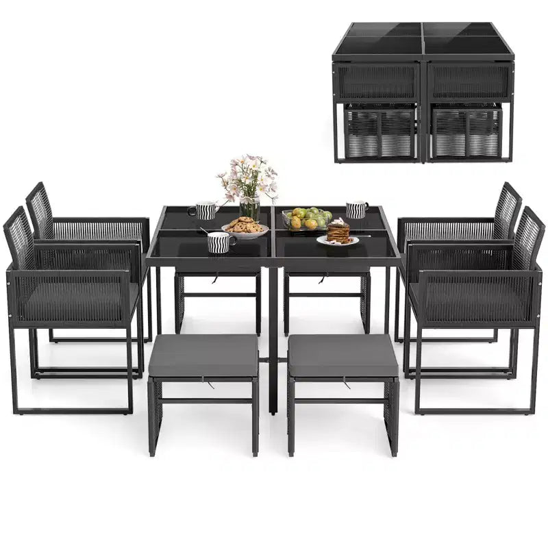 Costway Set da Pranzo da Giardino 9 Pezzi con Sedie in Rattan PE, Tavolo in Vetro Temperato e Pouf