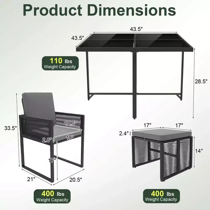 Costway Set da Pranzo da Giardino 9 Pezzi con Sedie in Rattan PE, Tavolo in Vetro Temperato e Pouf
