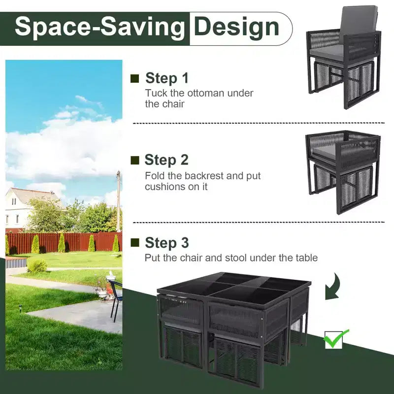 Costway Set da Pranzo da Giardino 9 Pezzi con Sedie in Rattan PE, Tavolo in Vetro Temperato e Pouf