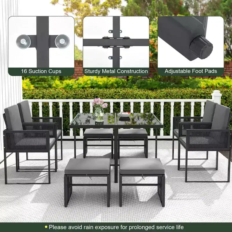 Costway Set da Pranzo da Giardino 9 Pezzi con Sedie in Rattan PE, Tavolo in Vetro Temperato e Pouf